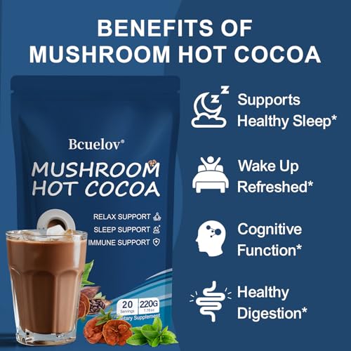 Cocoa en Polvo con Hongo Reishi, Melatonina y L-Theanina para Dormir Mejor, 20 Porciones de Chocolate Caliente de Hongo - imagen 3