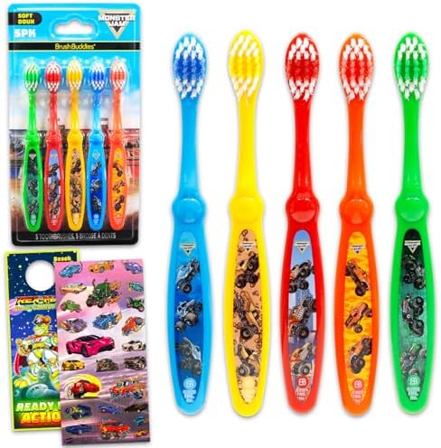 Set de Cepillos de Dientes Monster Jam - Paquete con 5 Cepillos de Camiones, Stickers y Más | Kit de Higiene Oral para Niños y Niñas - imagen 1