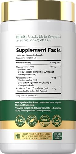 Cápsulas Carlyle Mucuna con Ashwagandha | 250 Cápsulas | Suplemento de Mucuna Pruriens | Vegetariano, Sin OGM, Libre de Gluten - imagen 2