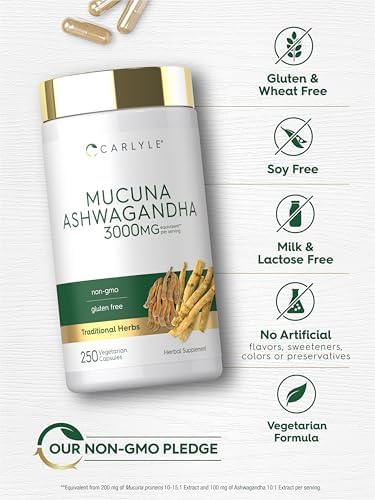 Cápsulas Carlyle Mucuna con Ashwagandha | 250 Cápsulas | Suplemento de Mucuna Pruriens | Vegetariano, Sin OGM, Libre de Gluten - imagen 5