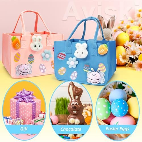 Bolsas de Caza de Huevos de Pascua Aviski 2 Piezas, Bolsas de Regalo con Asa, 12 x 7.8 x 6.8 (Rosa + Azul Claro) - imagen 3