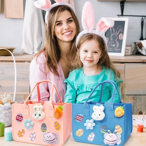 Bolsas de Caza de Huevos de Pascua Aviski 2 Piezas, Bolsas de Regalo con Asa, 12 x 7.8 x 6.8 (Rosa + Azul Claro) - imagen 6