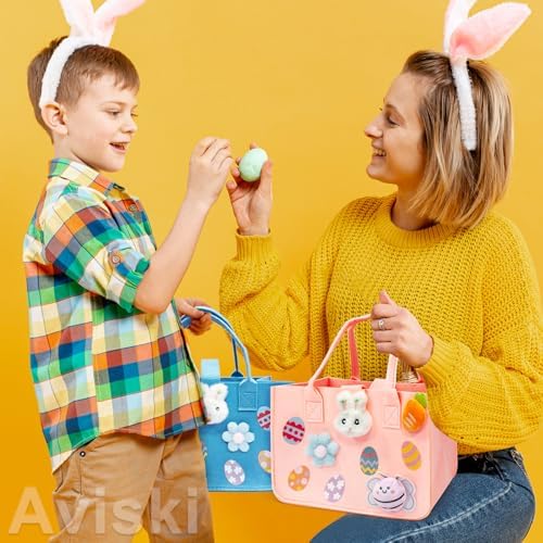 Bolsas de Caza de Huevos de Pascua Aviski 2 Piezas, Bolsas de Regalo con Asa, 12 x 7.8 x 6.8 (Rosa + Azul Claro) - imagen 7