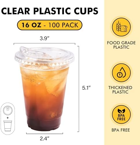 Paquete de 100 Vasos Plásticos de 16oz con Tapas Sin Popote – Vasos Desechables Transparentes para Bebidas Frías, Café Helado, Smoothies, Jugo, Boba, - imagen 2