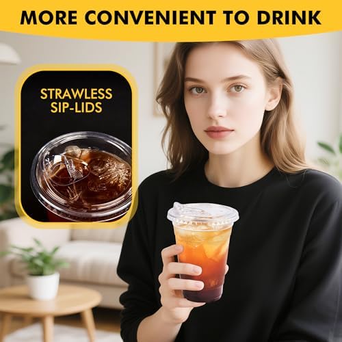 Paquete de 100 Vasos Plásticos de 16oz con Tapas Sin Popote – Vasos Desechables Transparentes para Bebidas Frías, Café Helado, Smoothies, Jugo, Boba, - imagen 7