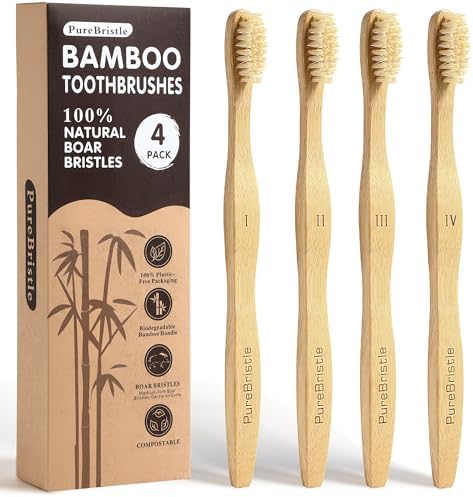 Cepillos de Dientes de Bambú PureBristle con Cerda de Jabalí, Paquete de 4, 100% Biodegradables, Sin Plástico ni Nylon, Eco-Amigables para Adultos y - imagen 1