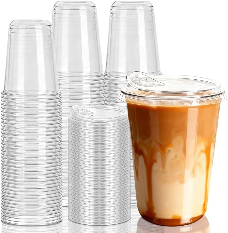 Juego de 50 Tazas de Plástico GGOLDMER de 16 oz para Café Helado con Tapas Sin Popote, Vasos Desechables Transparentes para Café, Jugo y Bebidas Frías - imagen 1