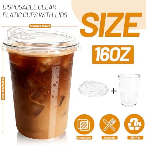 Juego de 50 Tazas de Plástico GGOLDMER de 16 oz para Café Helado con Tapas Sin Popote, Vasos Desechables Transparentes para Café, Jugo y Bebidas Frías - imagen 2