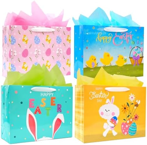 Nihuecne Paquete de 4 Bolsas de Regalo de Pascua Extra Grandes con Papel de Seda, 16 con Asas, 4 Diseños para Envolver Regalos de Pascua - imagen 1