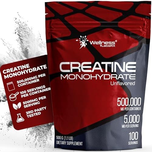 WELLNESS LABSRX Creatina Monohidratada en Polvo 500g – 100 Porciones, Suplemento de Creatina Micronizada Sin Sabor para Hombres y Mujeres, Apoya - imagen 1