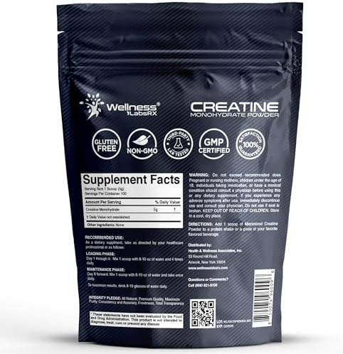WELLNESS LABSRX Creatina Monohidratada en Polvo 500g – 100 Porciones, Suplemento de Creatina Micronizada Sin Sabor para Hombres y Mujeres, Apoya - imagen 2