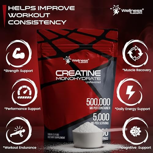 WELLNESS LABSRX Creatina Monohidratada en Polvo 500g – 100 Porciones, Suplemento de Creatina Micronizada Sin Sabor para Hombres y Mujeres, Apoya - imagen 4