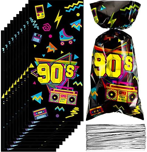 Bolsitas de Regalo Zonon de 100 Piezas para Fiesta de los 90, Bolsas de Caramelo Neón Retro con 100 Cintas de Aluminio para Fiestas Temáticas - imagen 1