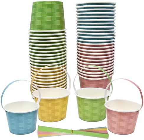 48 Cuentos Mini Canastas de Pascua Pastel de 10 Oz con Asa, Wicker Tejido en Rosa, Azul, Amarillo y Verde, Vasos Desechables para Postres y - imagen 1
