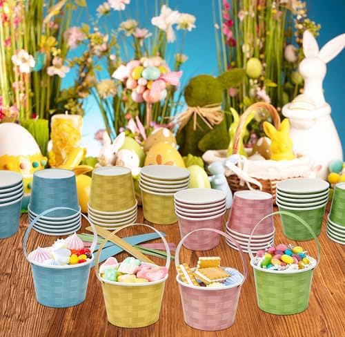 48 Cuentos Mini Canastas de Pascua Pastel de 10 Oz con Asa, Wicker Tejido en Rosa, Azul, Amarillo y Verde, Vasos Desechables para Postres y - imagen 5