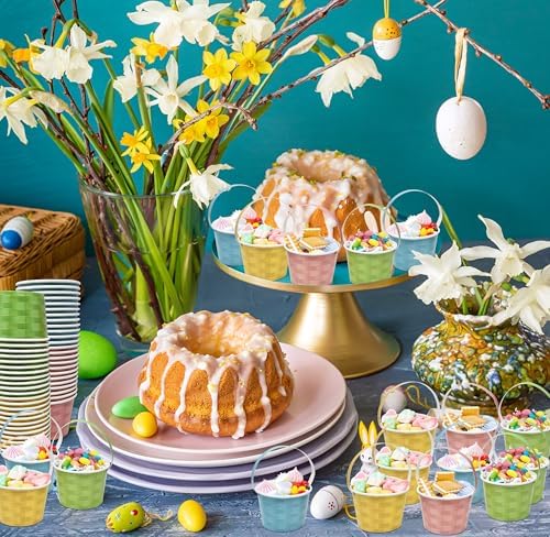 48 Cuentos Mini Canastas de Pascua Pastel de 10 Oz con Asa, Wicker Tejido en Rosa, Azul, Amarillo y Verde, Vasos Desechables para Postres y - imagen 6