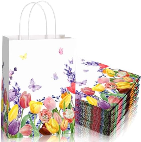 Tellingyou 24 Piezas de Bolsas de Regalo Florales de Primavera con Asa, Tulipanes Vintage y Mariposas, 8.26x5.9x3.14 para Fiestas y Eventos - imagen 1