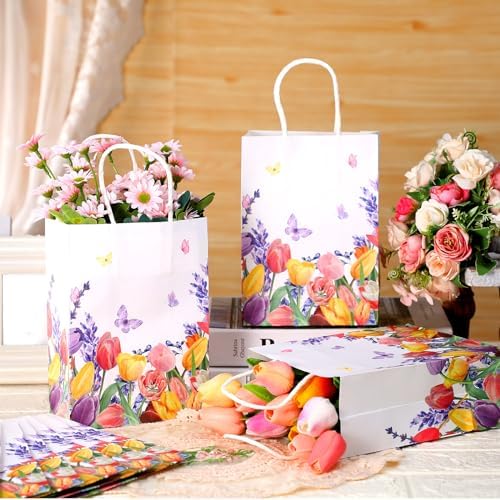 Tellingyou 24 Piezas de Bolsas de Regalo Florales de Primavera con Asa, Tulipanes Vintage y Mariposas, 8.26x5.9x3.14 para Fiestas y Eventos - imagen 2