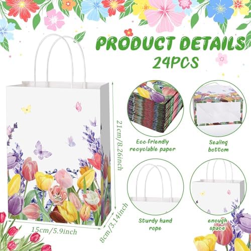 Tellingyou 24 Piezas de Bolsas de Regalo Florales de Primavera con Asa, Tulipanes Vintage y Mariposas, 8.26x5.9x3.14 para Fiestas y Eventos - imagen 3