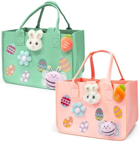 Bolsas de Regalo de Conejo para Caza de Huevos de Pascua PARSUP 2 Piezas con Asas, 12 x 7.8 x 6.8 (Rosa + Verde) - imagen 1