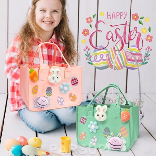 Bolsas de Regalo de Conejo para Caza de Huevos de Pascua PARSUP 2 Piezas con Asas, 12 x 7.8 x 6.8 (Rosa + Verde) - imagen 4