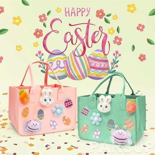Bolsas de Regalo de Conejo para Caza de Huevos de Pascua PARSUP 2 Piezas con Asas, 12 x 7.8 x 6.8 (Rosa + Verde) - imagen 5