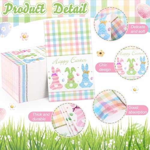 Servilletas de Pascua Pasimy 100 Pzs con Conejos y Cuadros, Desechables de Papel para Fiestas, Baño, Picnics y Celebraciones - imagen 3