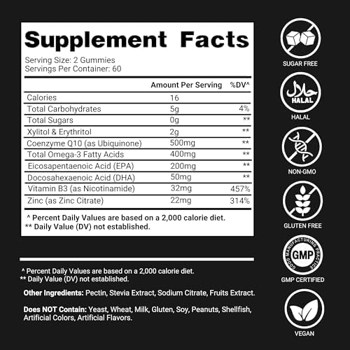 Gomitas de CoQ10 para Adultos 500mg – Sin Azúcar, 120 Gomitas – con Omega-3, Vitamina B3 y Zinc – Apoya la Salud del Corazón y Energía Celular - imagen 7