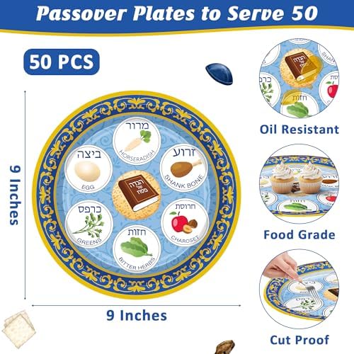 Platos Desechables QZYL para Pascua, 50 Piezas de 9, Decoraciones para la Mesa de Seder, Utensilios para la Fiesta Judía Pesaj - imagen 2