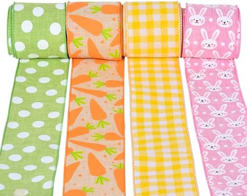Cinta de Pascua Primavera Ribest, 2.5 Pulgadas, con Conejitos y Zanahorias, 4 Rollos de 20 Yardas para Manualidades y Decoración al Aire Libre - imagen 1