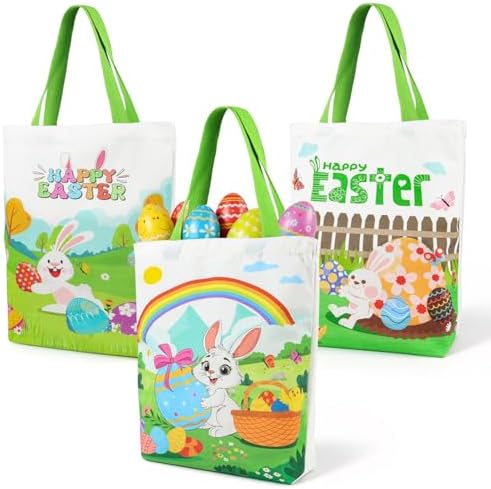 Shintop Paquete de 3 Bolsas de Lona para Pascua con Fondo Expandible, Bolsas Reutilizables de Regalo con Asas para Caza de Huevos (30 x 37 x 9.5 cm) - imagen 1