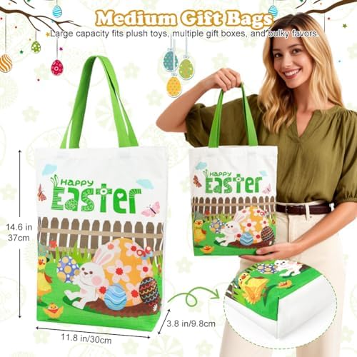 Shintop Paquete de 3 Bolsas de Lona para Pascua con Fondo Expandible, Bolsas Reutilizables de Regalo con Asas para Caza de Huevos (30 x 37 x 9.5 cm) - imagen 2