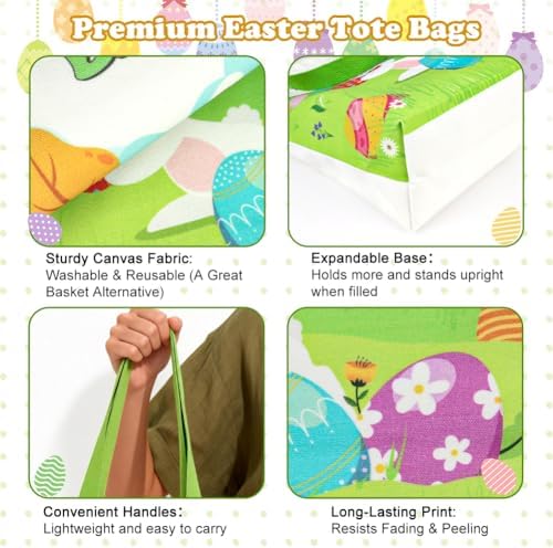 Shintop Paquete de 3 Bolsas de Lona para Pascua con Fondo Expandible, Bolsas Reutilizables de Regalo con Asas para Caza de Huevos (30 x 37 x 9.5 cm) - imagen 4