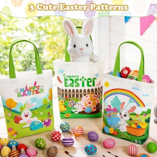 Shintop Paquete de 3 Bolsas de Lona para Pascua con Fondo Expandible, Bolsas Reutilizables de Regalo con Asas para Caza de Huevos (30 x 37 x 9.5 cm) - imagen 5