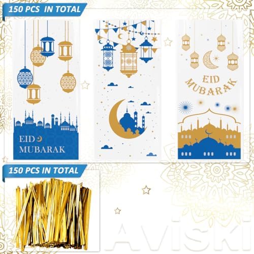 Bolsas de Regalo para Fiesta Eid Mubarak Aviski, 150PCS, Tema Ramadán, Celofán Transparente con Cierres Plateados, 10.6 × 5.1 pulgadas - imagen 2
