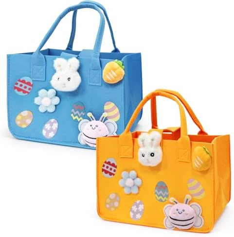 Bolsas de Caza de Huevos de Pascua 2PCS con Manijas, Regalos de Conejito de Pascua, Bolsas de Fieltro para Sorpresas, 12 x 7.8 x 6.8 (Azul + Naranja) - imagen 1