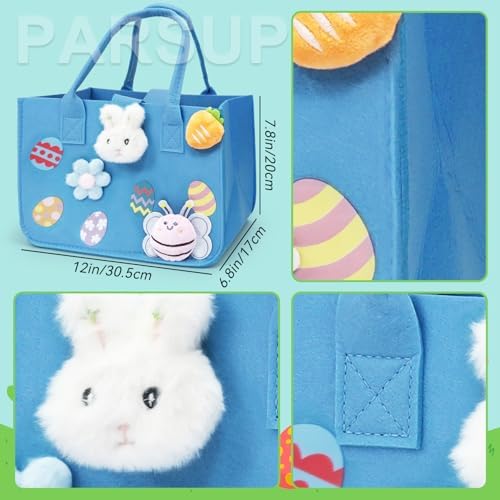 Bolsas de Caza de Huevos de Pascua 2PCS con Manijas, Regalos de Conejito de Pascua, Bolsas de Fieltro para Sorpresas, 12 x 7.8 x 6.8 (Azul + Naranja) - imagen 2