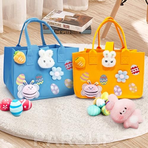 Bolsas de Caza de Huevos de Pascua 2PCS con Manijas, Regalos de Conejito de Pascua, Bolsas de Fieltro para Sorpresas, 12 x 7.8 x 6.8 (Azul + Naranja) - imagen 3