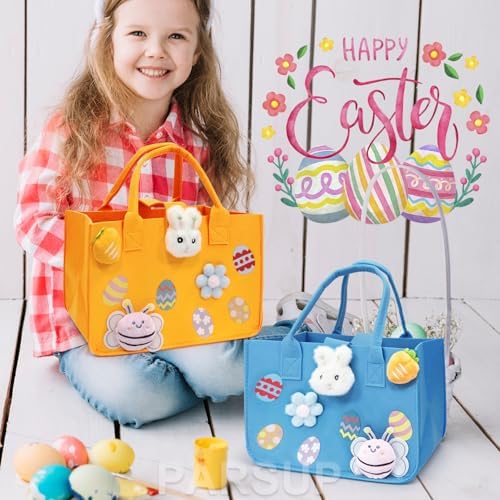 Bolsas de Caza de Huevos de Pascua 2PCS con Manijas, Regalos de Conejito de Pascua, Bolsas de Fieltro para Sorpresas, 12 x 7.8 x 6.8 (Azul + Naranja) - imagen 4