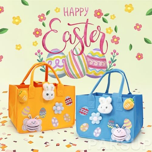 Bolsas de Caza de Huevos de Pascua 2PCS con Manijas, Regalos de Conejito de Pascua, Bolsas de Fieltro para Sorpresas, 12 x 7.8 x 6.8 (Azul + Naranja) - imagen 5