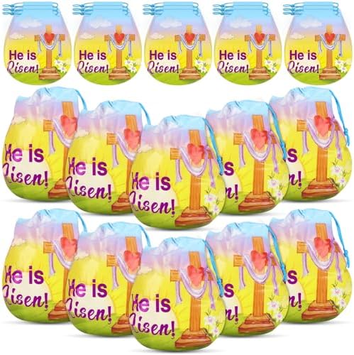 Sinload 60 Bolsas de Regalo de Pascua para Niños con Dibujo Él Ha Resucitado - Bolsas de Plástico para Dulces, Suministros para Caza de Huevos y - imagen 1