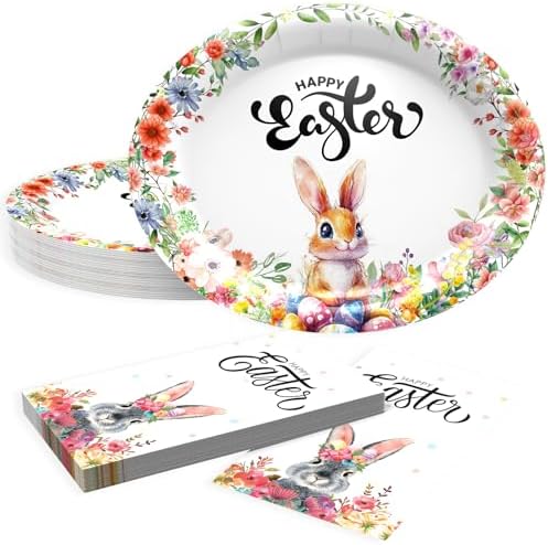 Juego de Suministros Desechables para Fiesta de Pascua, 25 Platos de Papel Ovalados y 25 Servilletas, Diseño de Conejito y Flores, Utensilios para - imagen 1