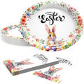 Juego de Suministros Desechables para Fiesta de Pascua, 25 Platos de Papel Ovalados y 25 Servilletas, Diseño de Conejito y Flores, Utensilios para - imagen 1