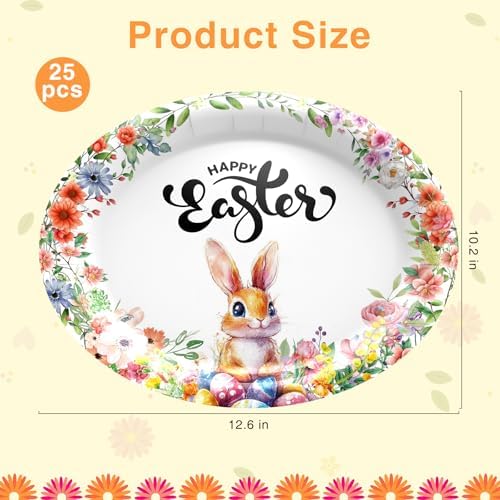 Juego de Suministros Desechables para Fiesta de Pascua, 25 Platos de Papel Ovalados y 25 Servilletas, Diseño de Conejito y Flores, Utensilios para - imagen 2