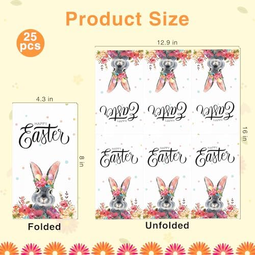 Juego de Suministros Desechables para Fiesta de Pascua, 25 Platos de Papel Ovalados y 25 Servilletas, Diseño de Conejito y Flores, Utensilios para - imagen 3