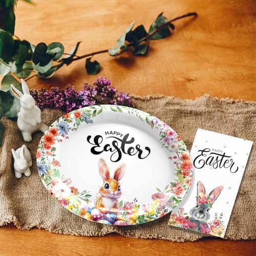 Juego de Suministros Desechables para Fiesta de Pascua, 25 Platos de Papel Ovalados y 25 Servilletas, Diseño de Conejito y Flores, Utensilios para - imagen 4