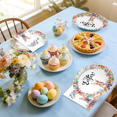 Juego de Suministros Desechables para Fiesta de Pascua, 25 Platos de Papel Ovalados y 25 Servilletas, Diseño de Conejito y Flores, Utensilios para - imagen 5