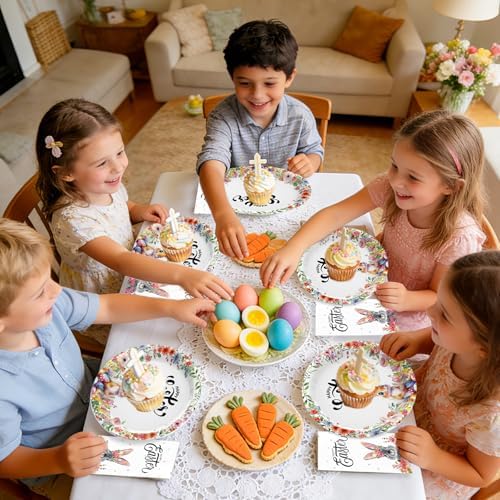 Juego de Suministros Desechables para Fiesta de Pascua, 25 Platos de Papel Ovalados y 25 Servilletas, Diseño de Conejito y Flores, Utensilios para - imagen 6