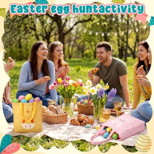 Bolsas de Lona Cosblank para Pascua, 2 Pcs, 13.8'' x 12'', con Conejo y Pollito, Reutilizables para Regalos y Caza de Huevos de Pascua - imagen 2