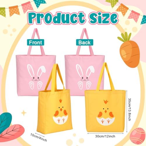 Bolsas de Lona Cosblank para Pascua, 2 Pcs, 13.8'' x 12'', con Conejo y Pollito, Reutilizables para Regalos y Caza de Huevos de Pascua - imagen 3